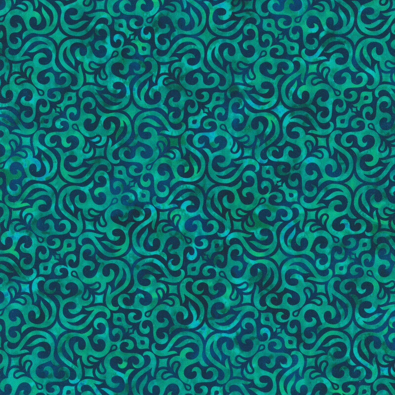 dark blue and teal mottled fabric featuring an intricate swirled design with hints of mint green and aqua