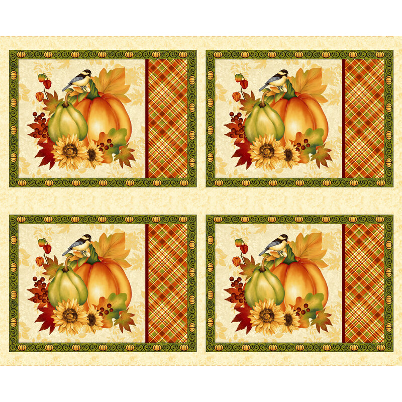 Panel from the Seeds of Gratitude collection with four placemats in cream and plaid