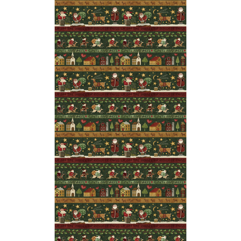 dark green border stripe fabric with wide stripes of Santas, reindeer, and quiet Christmas houses