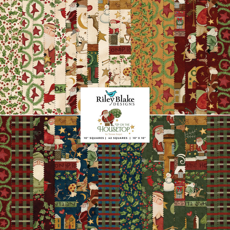 collage of all up on the housetop fabrics in deep shades of cream, yellow, red, blue, and green