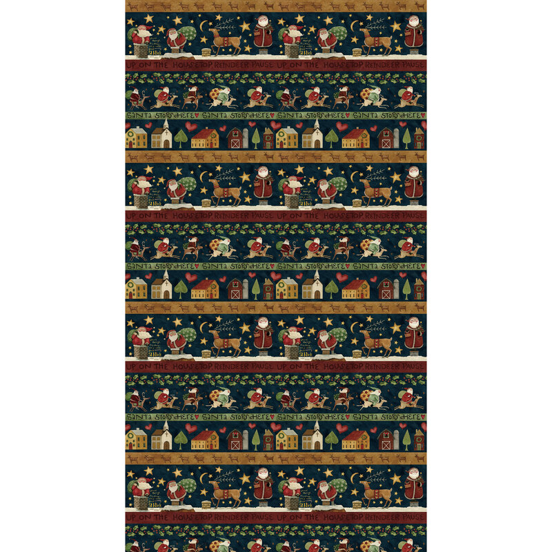 dark blue border stripe fabric with wide stripes of Santas, reindeer, and quiet Christmas houses