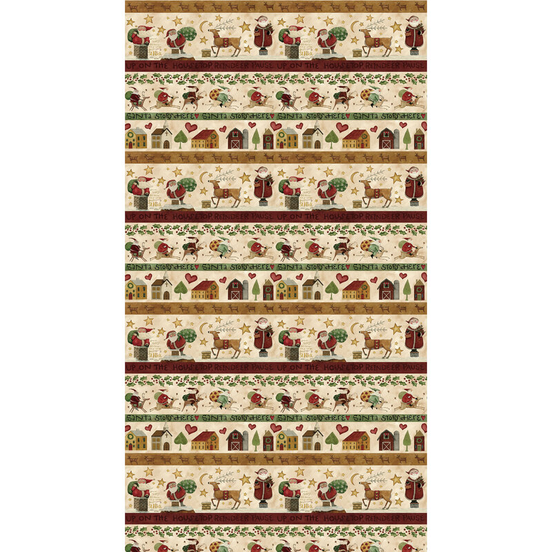 cream border stripe fabric with wide stripes of Santas, reindeer, and quiet Christmas houses