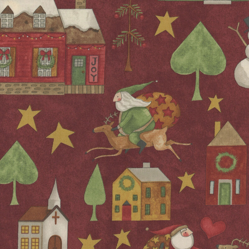 rich cranberry red fabric with scattered homes decorated for Christmas, stars, Santa riding reindeer, and stylized trees
