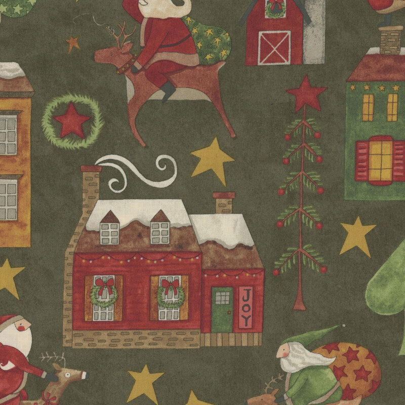 dark green fabric with scattered homes decorated for Christmas, stars, Santa riding reindeer, and stylized trees