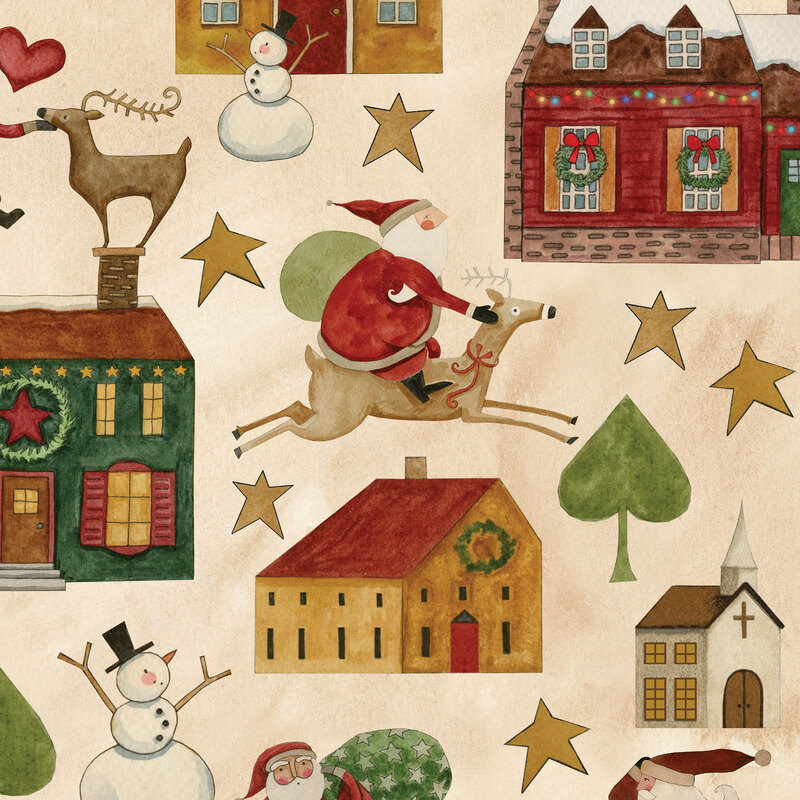 cream fabric with scattered homes decorated for Christmas, stars, Santa riding reindeer, and stylized trees