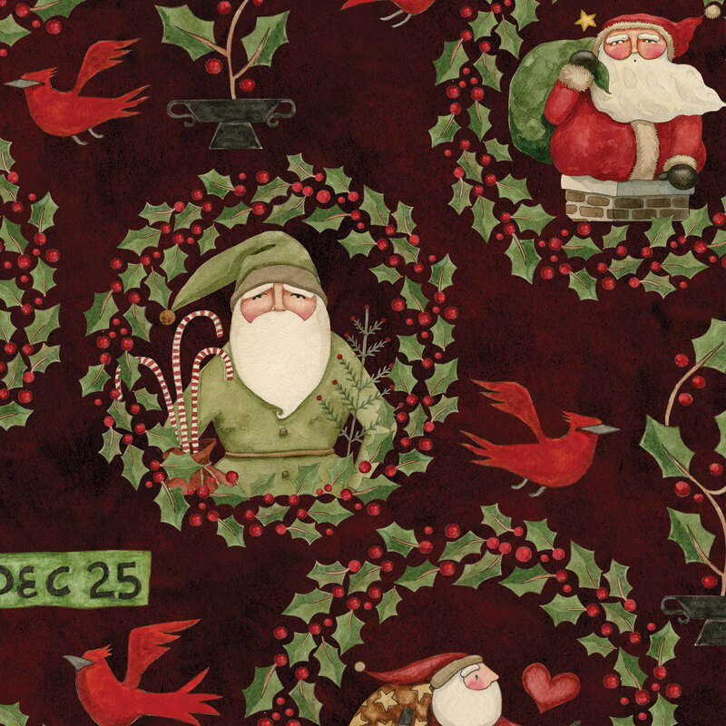 dark cranberry red fabric with various Santas in a frame of holly including scattered cardinals, holly bushes, and little green flags with 