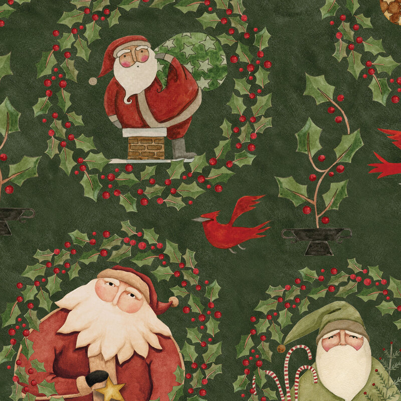 dark green fabric with various Santas in a frame of holly including scattered cardinals, holly bushes, and little green flags with 