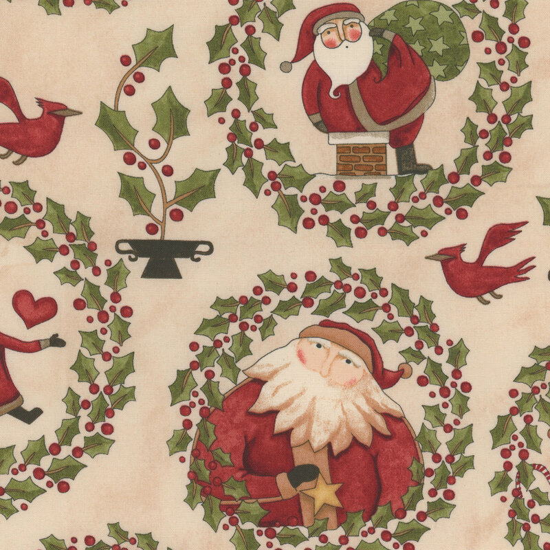 cream fabric with various Santas in a frame of holly including scattered cardinals, holly bushes, and little green flags with 