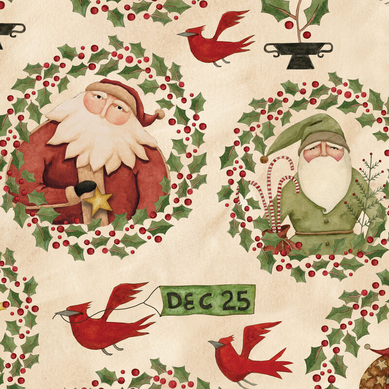 cream fabric with various Santas in a frame of holly including scattered cardinals, holly bushes, and little green flags with 