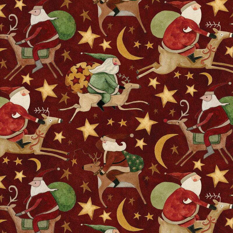 rich cranberry red fabric with various Santas riding reindeer amidst scattered stars