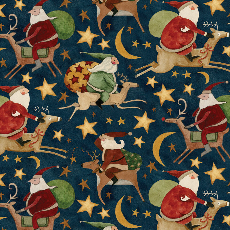 dark blue fabric with various Santas riding reindeer amidst scattered stars