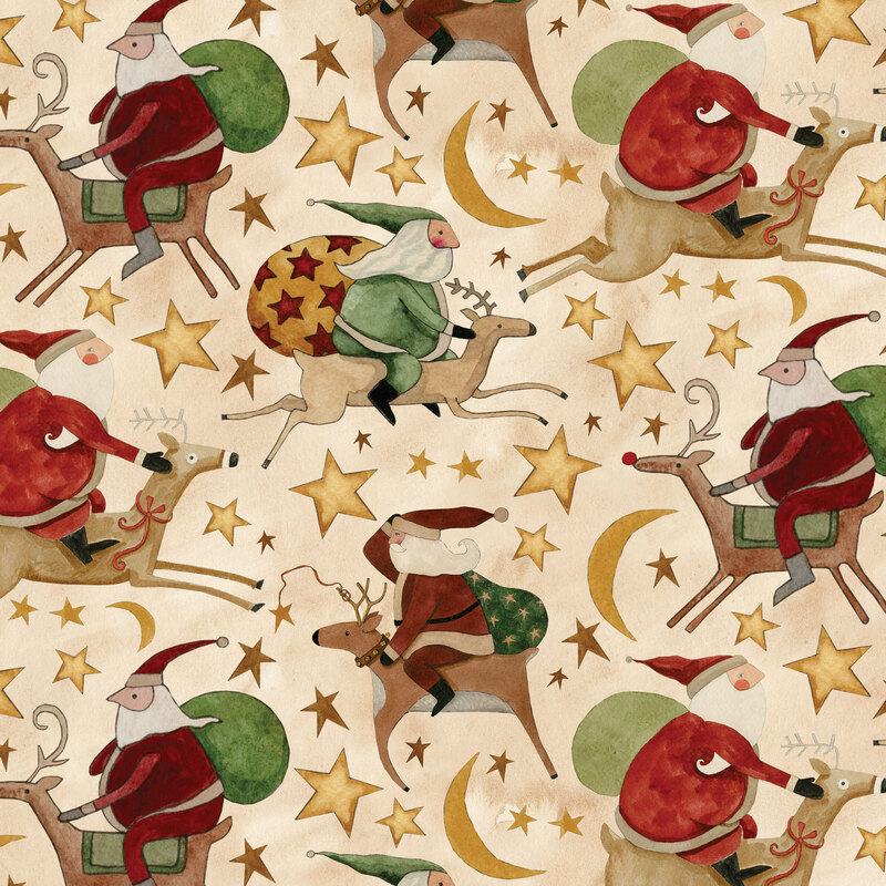 cream fabric with various Santas riding reindeer amidst scattered stars