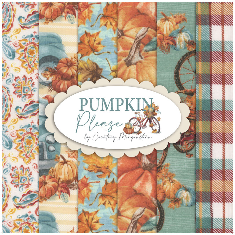 Collage of teal and orange fabric featuring pumpkins and fall feelings.