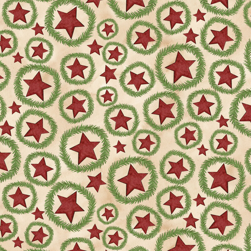 cream fabric featuring scattered red stars with fir wreaths surrounding them