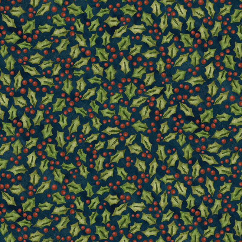 dark blue fabric featuring scattered holly berries and leaves