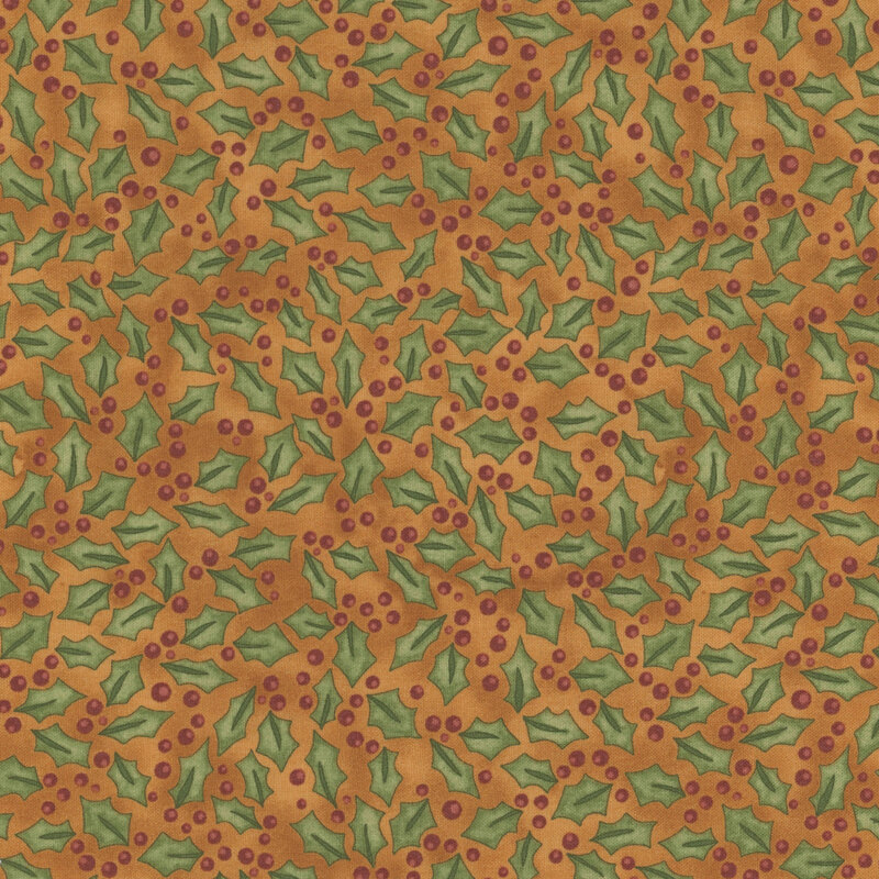 rich golden brown fabric featuring scattered holly berries and leaves