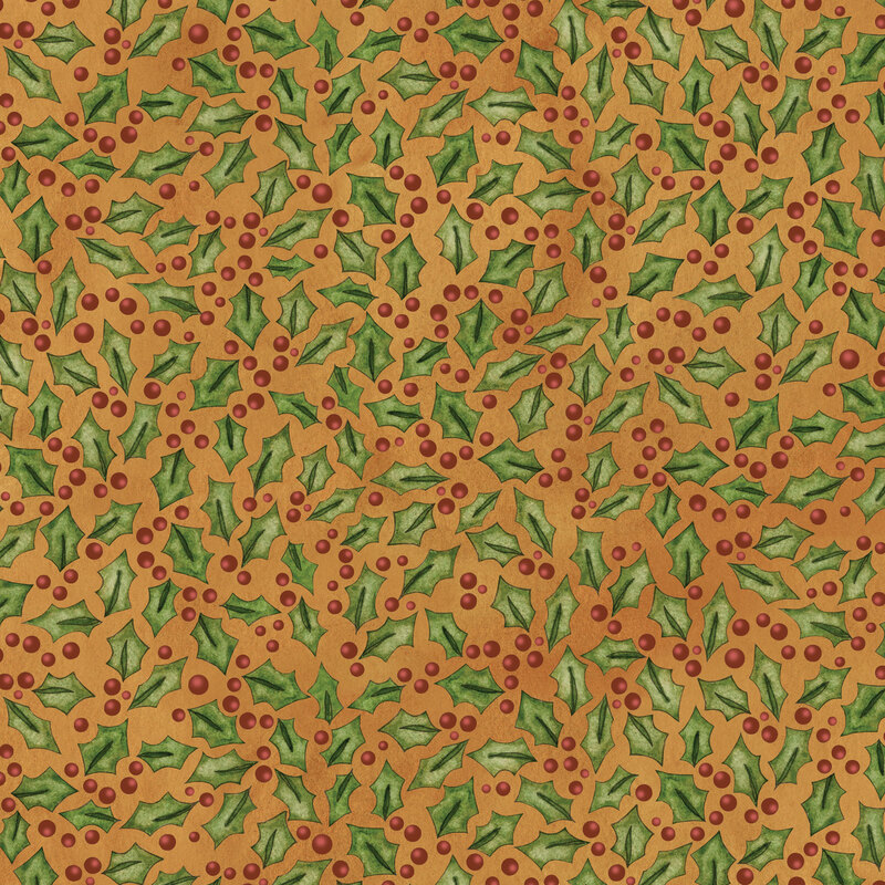 rich golden brown fabric featuring scattered holly berries and leaves