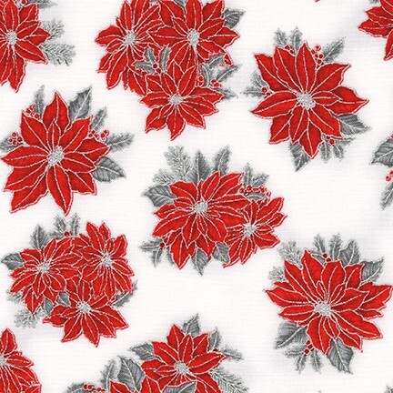 White fabric featuring red poinsettia flowers on gray leaves