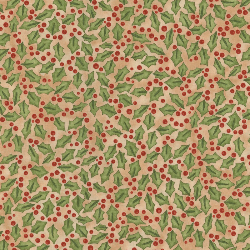 cream fabric featuring scattered holly berries and leaves