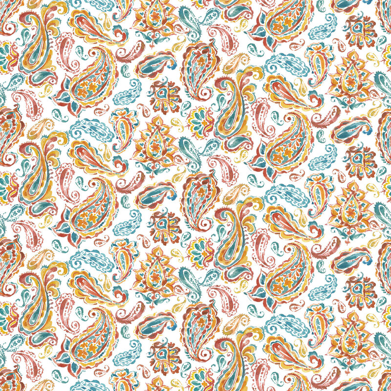 Orange and teal paisleys on a white fabric.