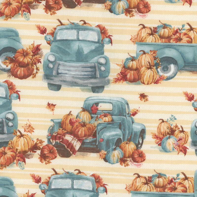 Teal pickup trucks hauling piles of pumpkins on a striped cream background.