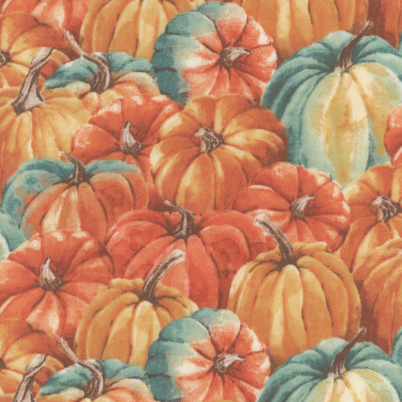 Orange and teal pumpkins with a watercolor effect.