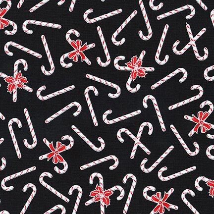 Black fabric featuring tossed candy canes 