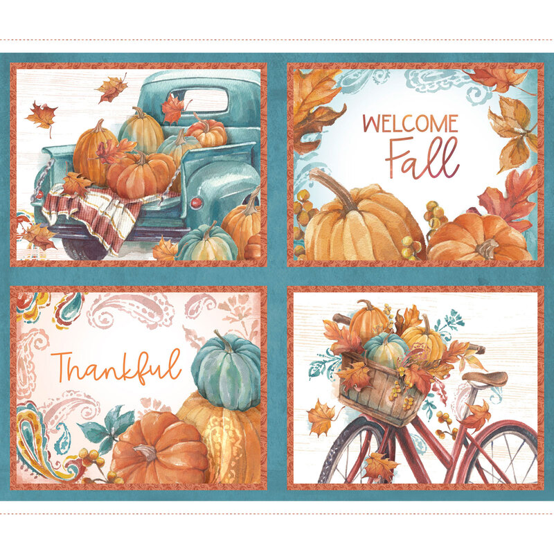 Panel featuring fall blocks with a teal truck and red bike hauling pumpkins, as well as seasonal phrases with more pumpkins.