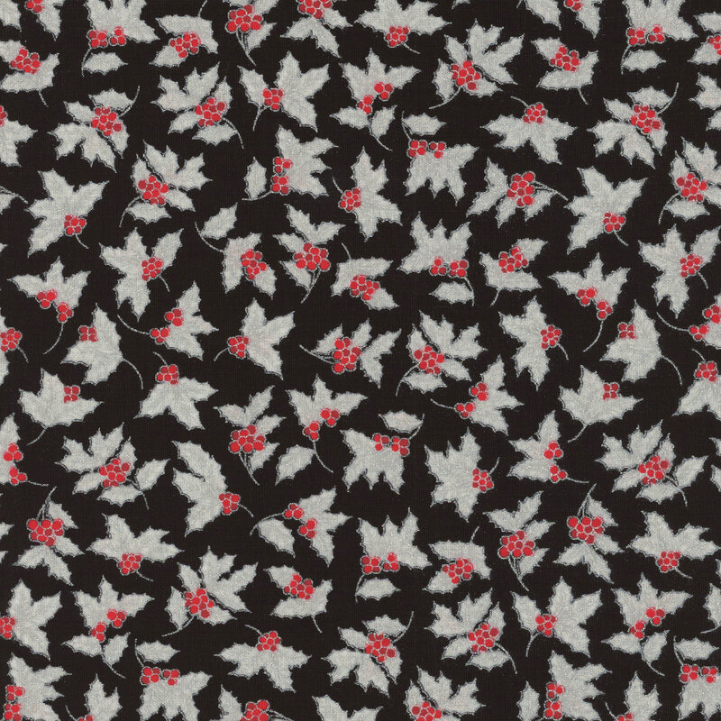black fabric featuring mistletoes with red berries and gray leaves