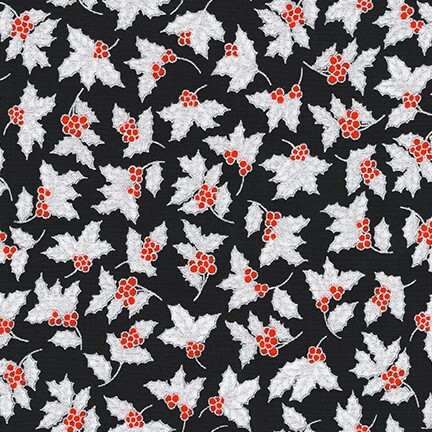 black fabric featuring mistletoes with red berries and gray leaves