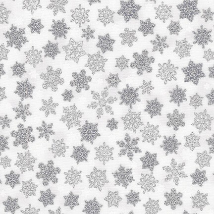 White fabric featuring  silver snow flakes