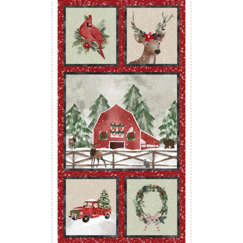 digital image of white speckled red fabric panel, featuring a main scene of a winter barn and 2 squares on both the top and bottom featuring a cardinal, deer, vintage red truck, and wreath