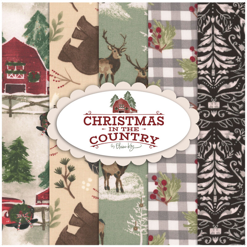 Collage of all the Christmas in the Country fabric, in soft shades of white, beige, sage green, black, and gray