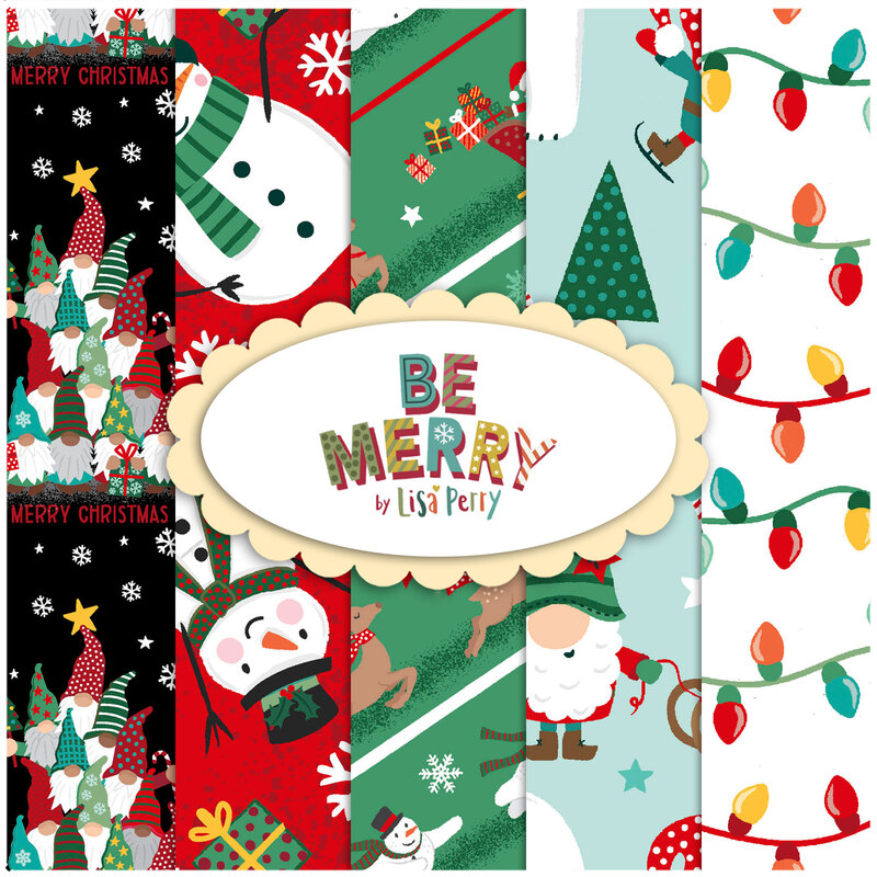 Collage of Christmas fabrics included in the Be Merry collection.