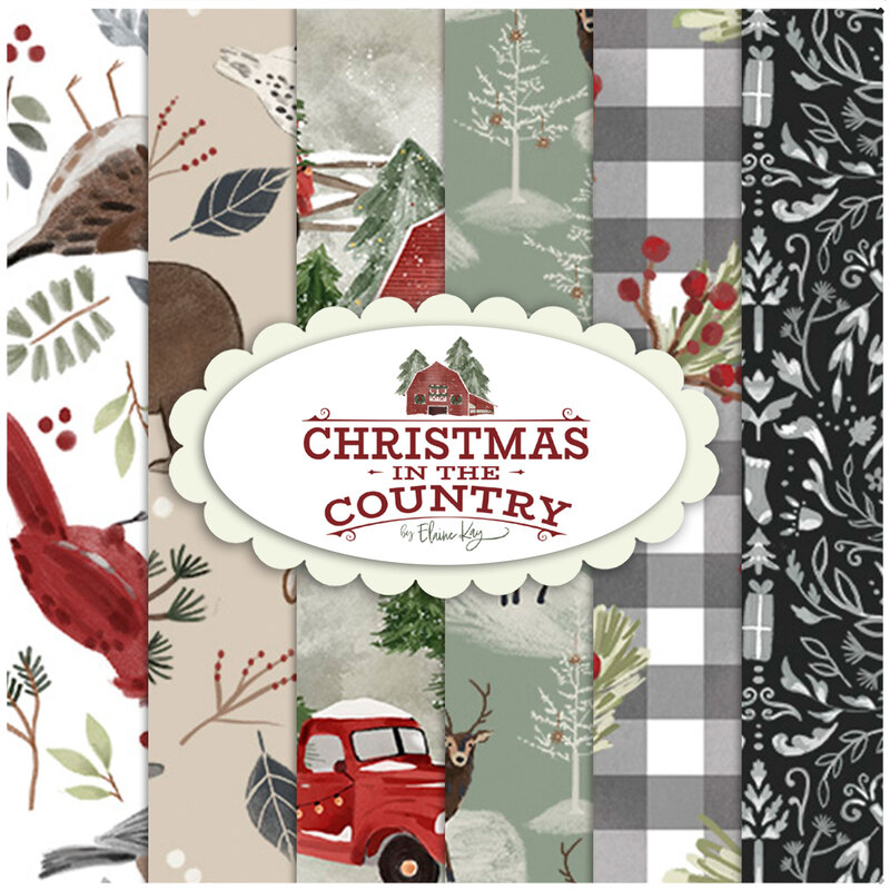 Collage of all the Christmas in the Country fabric, in soft shades of white, beige, sage green, black, and gray