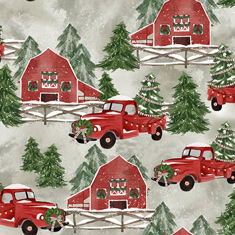 muted sage green mottled fabric, featuring scattered red barns, fir trees, and vintage red trucks all decorated for the season
