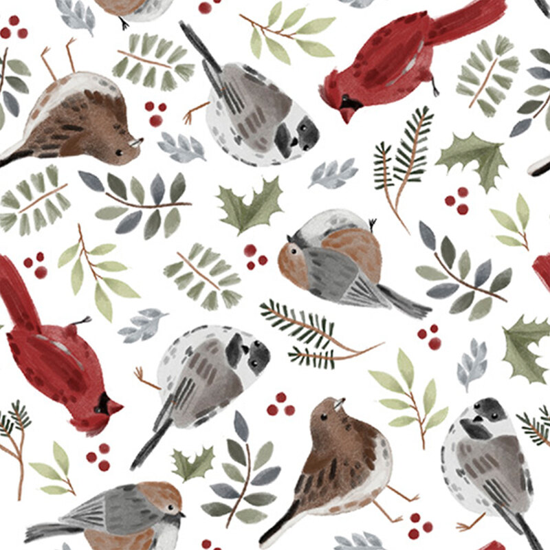 white fabric, featuring scattered holly, leaves, and different kinds of little birds