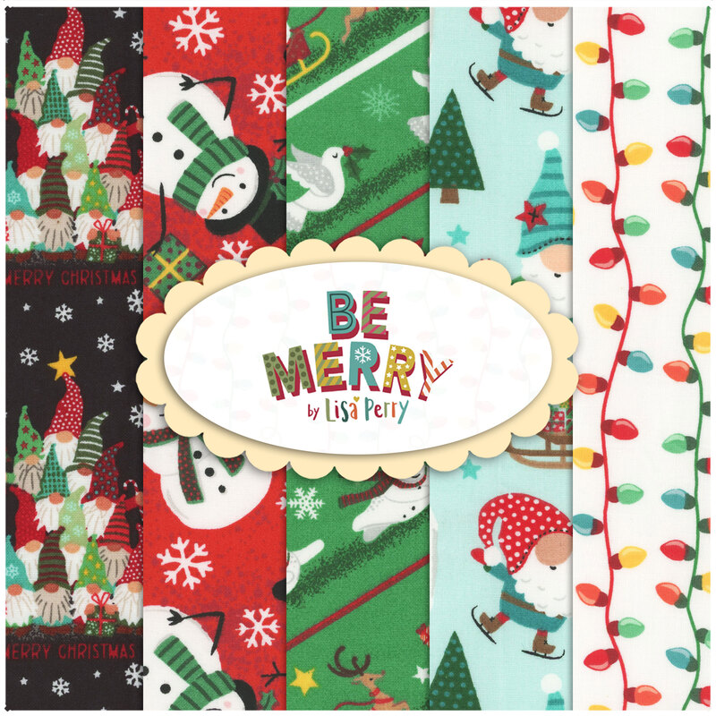Collage of Christmas fabrics included in the Be Merry collection.