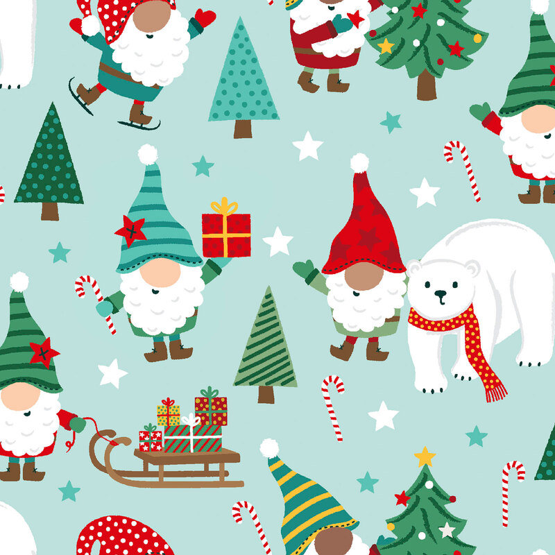 Aqua fabric with gnomes and polar bears with Christmas trees.