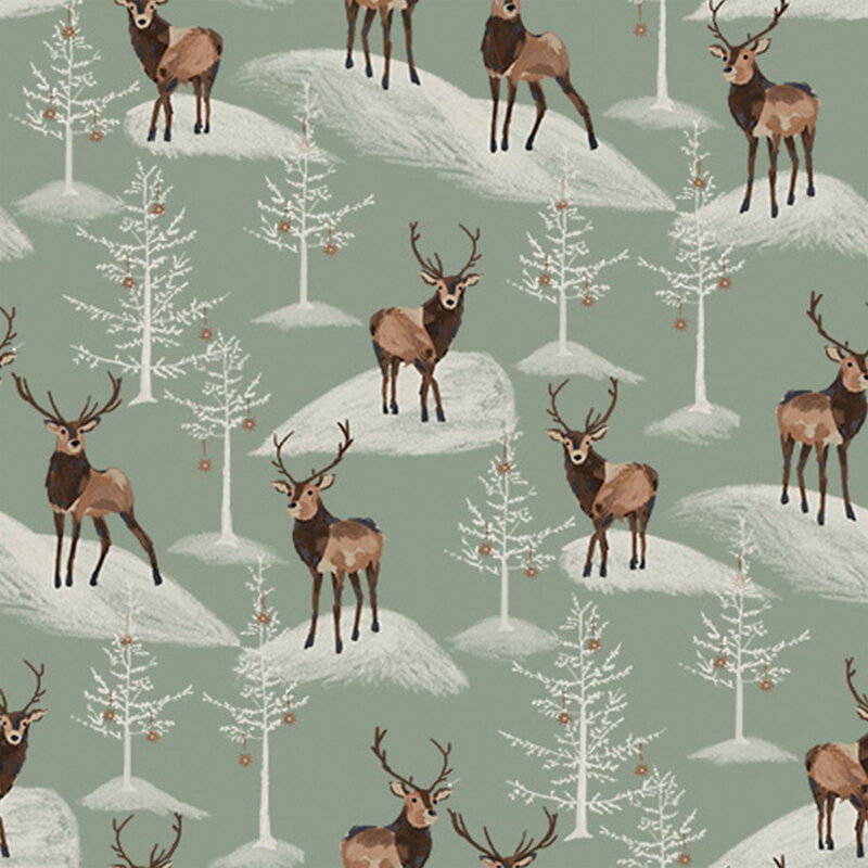 muted sage green fabric with scattered snowy hills, Christmas trees, and reindeer