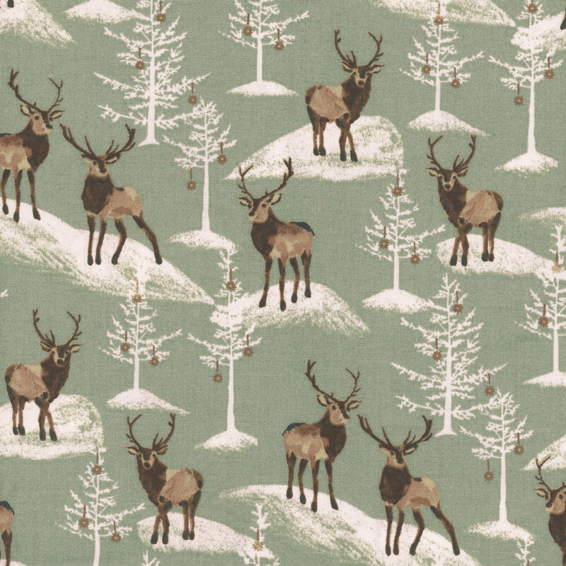 muted sage green fabric with scattered snowy hills, Christmas trees, and reindeer