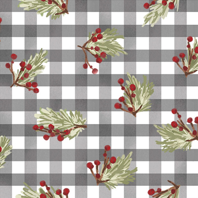 gray and white gingham fabric with scattered holly berries and fir sprigs