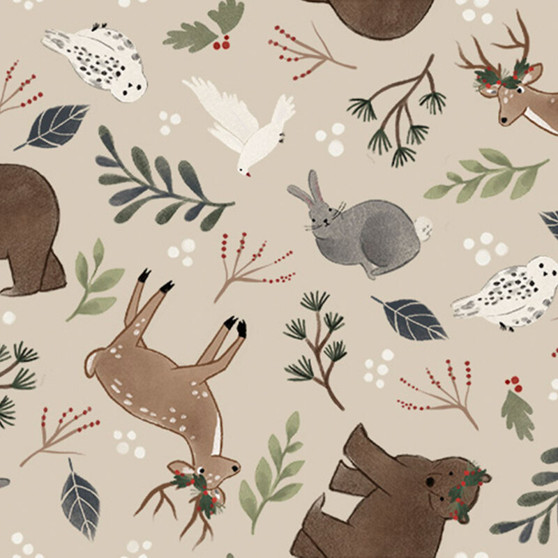 gray fabric with scattered fir branches, leaves, mistletoe berries, deer, rabbits, owls, doves, and bears