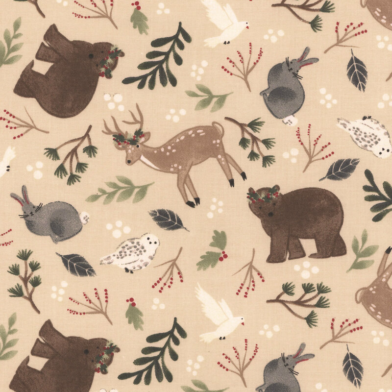 cream fabric with scattered fir branches, leaves, mistletoe berries, deer, rabbits, owls, doves, and bears