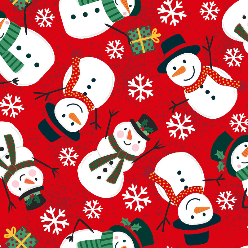 Red fabric with a pattern of snowmen.