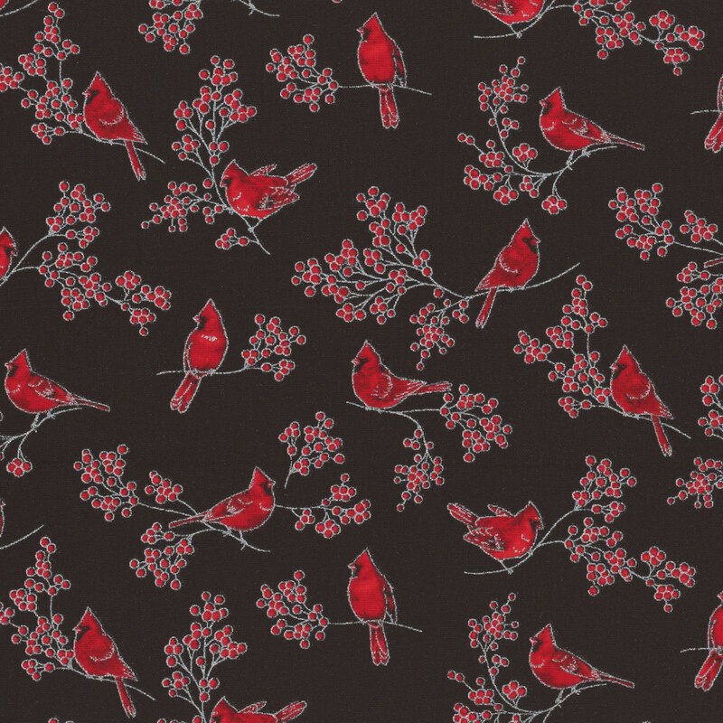 Black fabric with red cardinals and holly berries with silver metallic accents