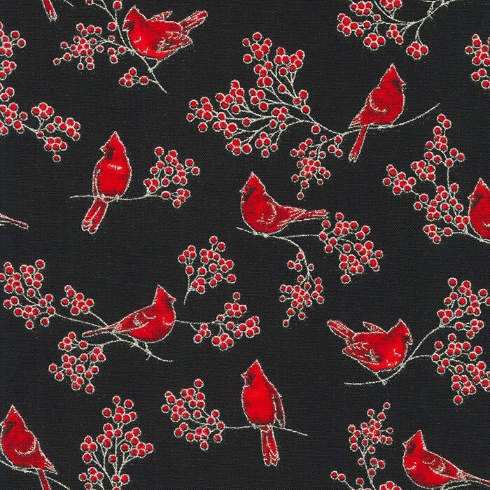Black fabric with red cardinals and holly berries with silver metallic accents