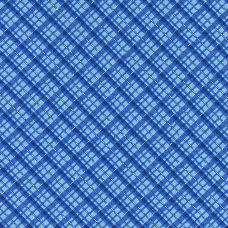 Blue plaid fabric with silver metallic accents