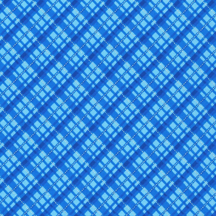 Blue plaid fabric with silver metallic accents