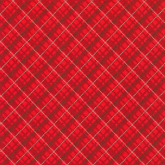 red plaid fabric with silver metallic accents